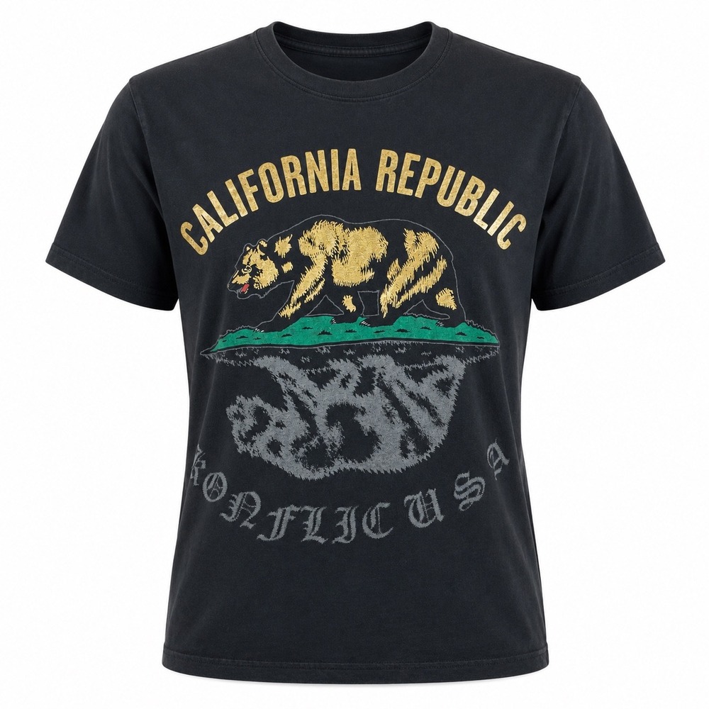 Konflic Mens California Republic S Cotton Black Gold Bear Graphic Tee Streetwear